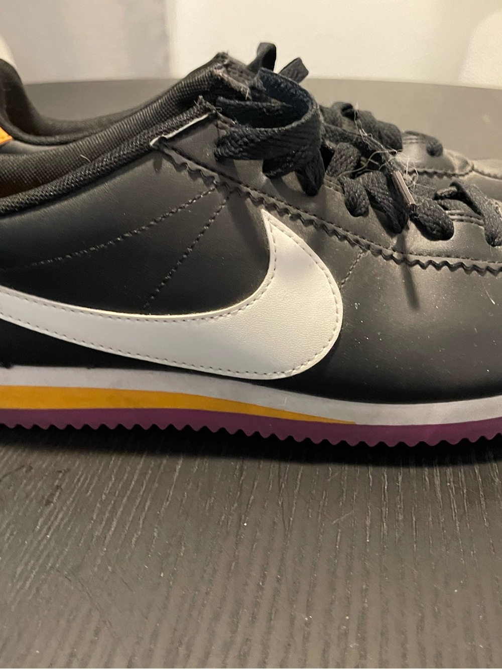 Nike Kids Black, White & Purple Low-Top Sneaker with Yellow Stripe